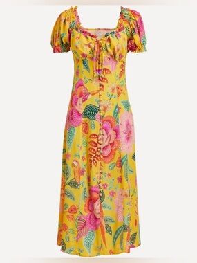 FARM Rio Macaw Bloom Puff-Sleeve Midi Dress | Size Small |  $235 NEW